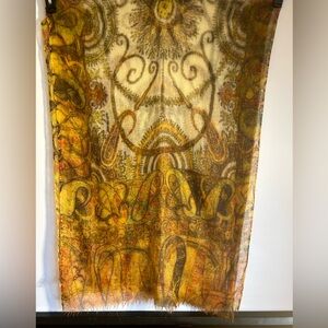 JUA & KASHMIR GOLDEN BROWN MULTI COLOR RAW FRINGE 100% CASHMERE INDIA SCARF O/S